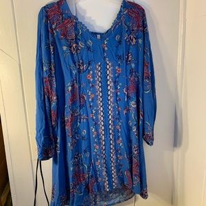 Blue Patterned Long Sleeve Dress